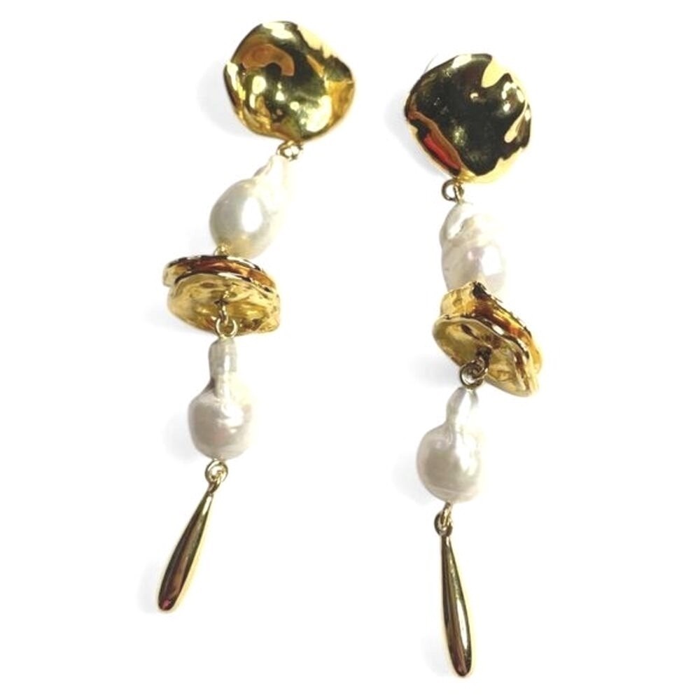 Lizzie Fortunato Gold Mine Statement Earrings Pearl 24K Gold Plated EUC‎